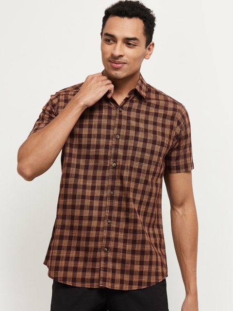 

max Men Brown Checked Casual Shirt