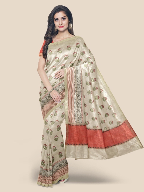 

KLM Fashion Mall Cream Ethnic Motifs Linen Blend Saree