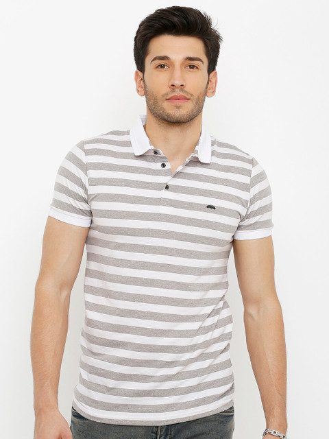 

Rex Straut Jeans Men Grey & White Striped Polo Collar Slim Fit T-shirt