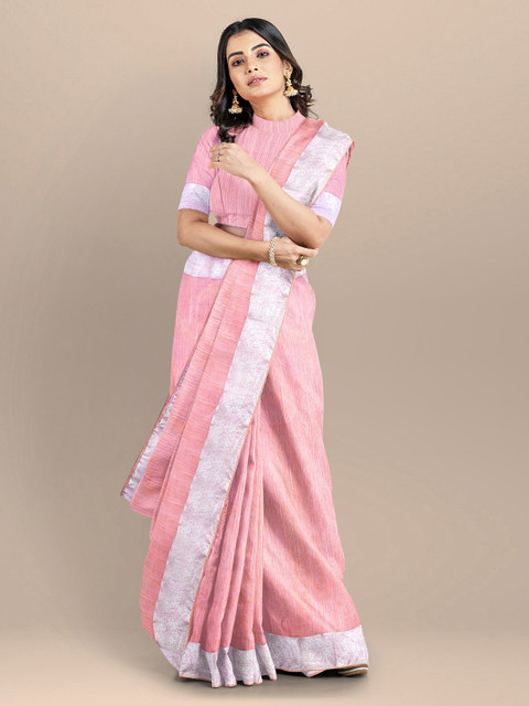 

BharatSthali Pink & Silver-Toned Striped Zari Silk Cotton Mangalagiri Saree