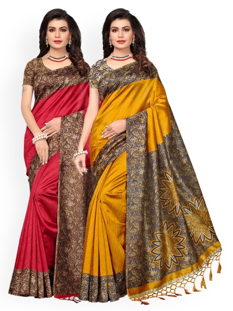 

KALINI Pack of 2 Floral Bhagalpuri Saree, Red