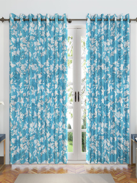 

Divine Casa Set of 2 Blue & White Floral Sheer Door Curtains