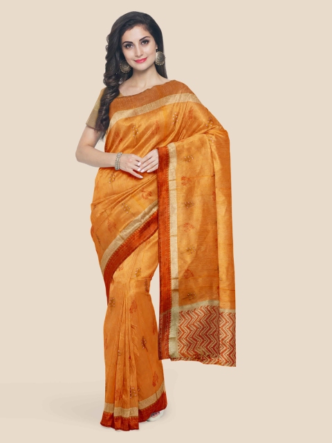 

KLM Fashion Mall Orange Cotton Blend Floral Saree