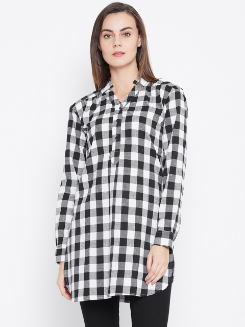 

One Femme Black & White Mandarin Collar Checked Tunic