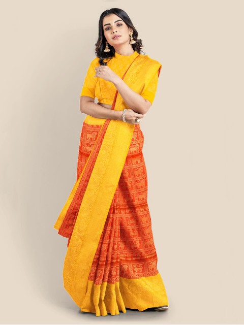 

KLM Fashion Mall Red & Yellow Ethnic Motifs Silk Blend Banarasi Saree