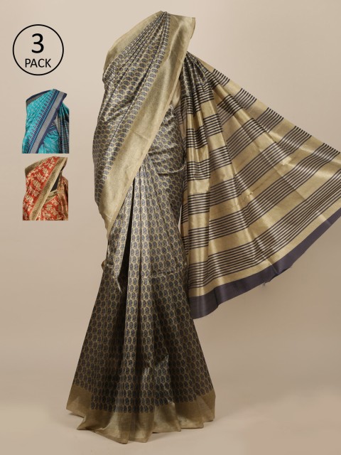 

Pothys Beige & Orange Pack of 3 Ethnic Motifs Jute Silk Sarees