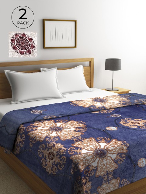 

KLOTTHE Navy Blue & Beige Set of 2 Ethnic Motifs AC Room 300 GSM Double Bed Comforter