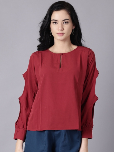 

AASI - HOUSE OF NAYO Maroon Keyhole Neck Slit Sleeve Georgette Regular Top