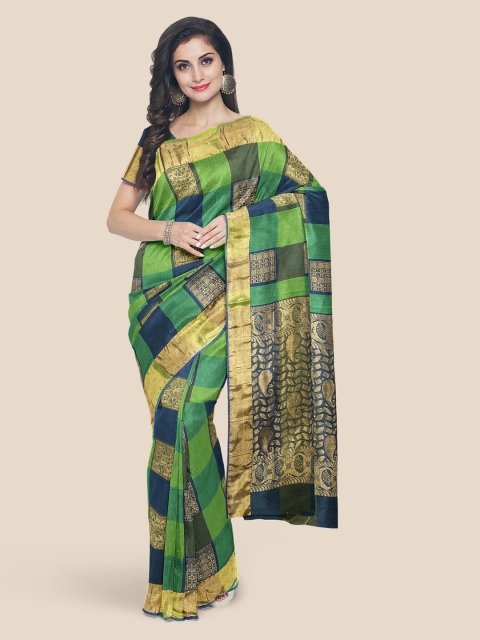 

KLM Fashion Mall Blue & Green Checked Zari Saree