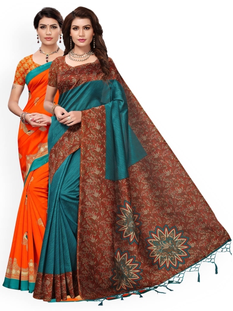 

KALINI Teal & Orange Set of 2 Art Silk Saree