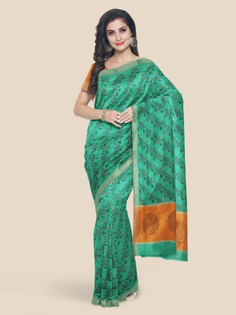 

KLM Fashion Mall Green & Orange Floral Linen Blend Saree