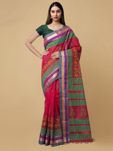 

Unnati Silks Red & Green Floral Zari Silk Cotton Chanderi Saree