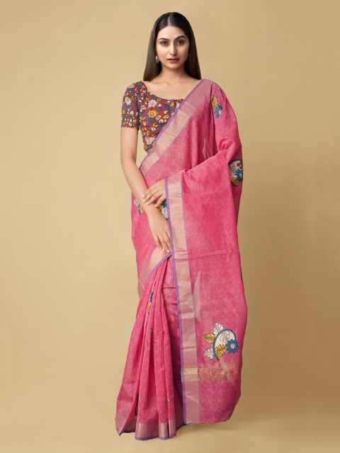 

Unnati Silks Pink Kalamkari Zari Silk Cotton Chanderi Saree