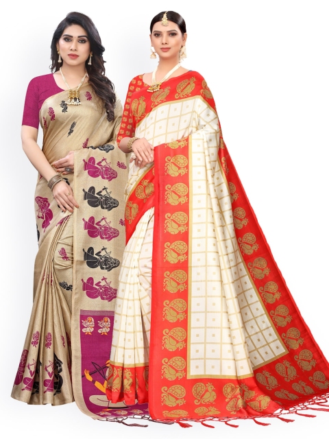 

KALINI Pack Of 2 Beige & Cream-Coloured Zari Art Silk Sarees