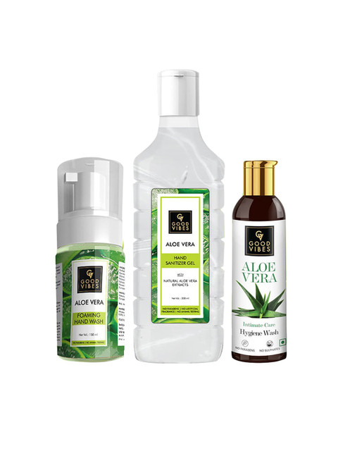 

Good Vibes Aloe Vera Hygiene Kit - Intimate Care Hygiene Wash, Hand Wash, Hand Sanitizer, White