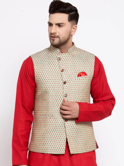 MAXENCE Men Beige Woven-Design Nehru Jacket