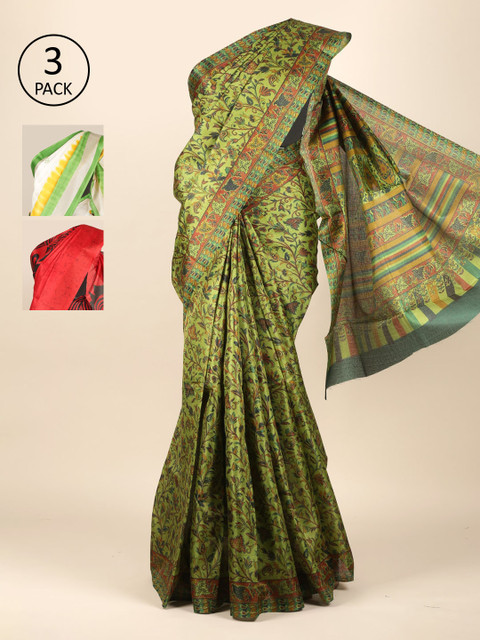 

Pothys Pack of 3 Ethnic Motifs Jute Silk Saree, Green