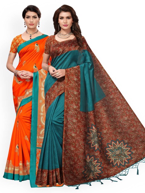 

KALINI Teal & Orange Set of 2 Art Silk Saree