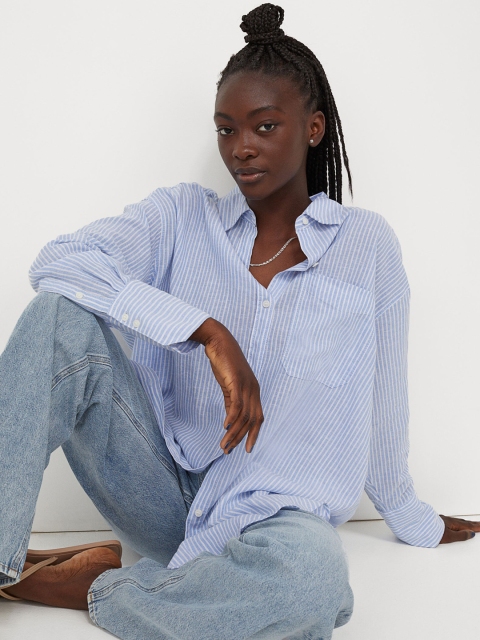 

H&M Women Blue Solid Oversized Linen Blend Shirt