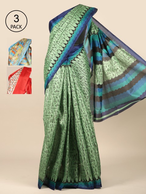 

Pothys Pack Of 3 Jute Silk Sarees, Green