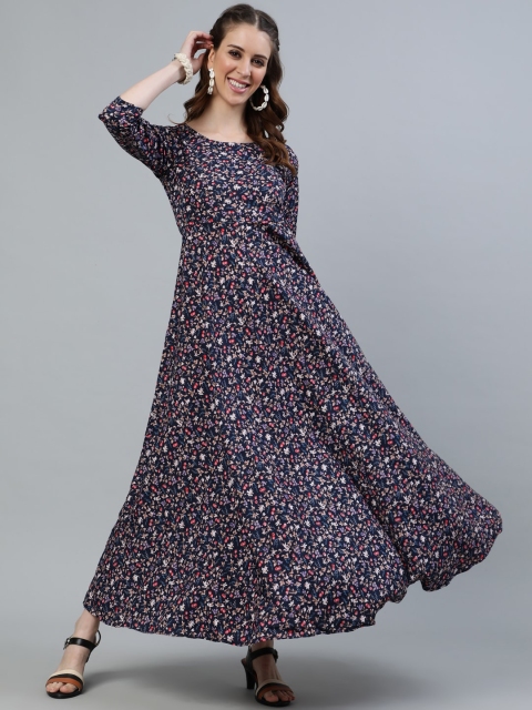 

AASI - HOUSE OF NAYO Navy Blue Floral Crepe Maxi Dress