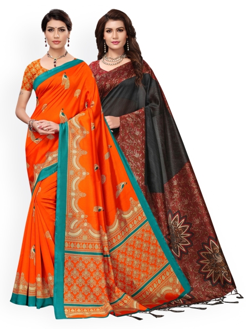

KALINI Pack Of 2 Black & Orange Ethnic Motifs Zari Art Silk Sarees