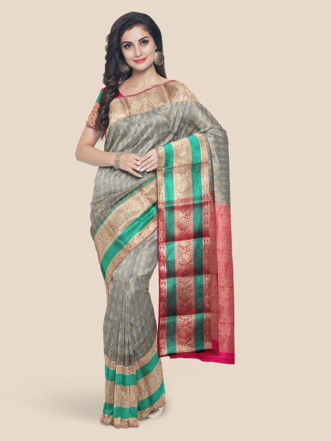 

KLM Fashion Mall Grey & Gold-Toned Ethnic Motifs Zari Silk Blend Kanjeevaram Saree