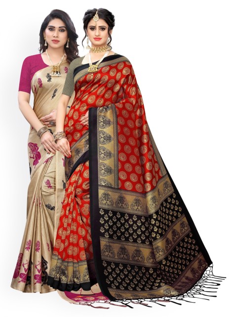 

KALINI Pack of 2 Red & Beige Woven Design Art Silk Saree