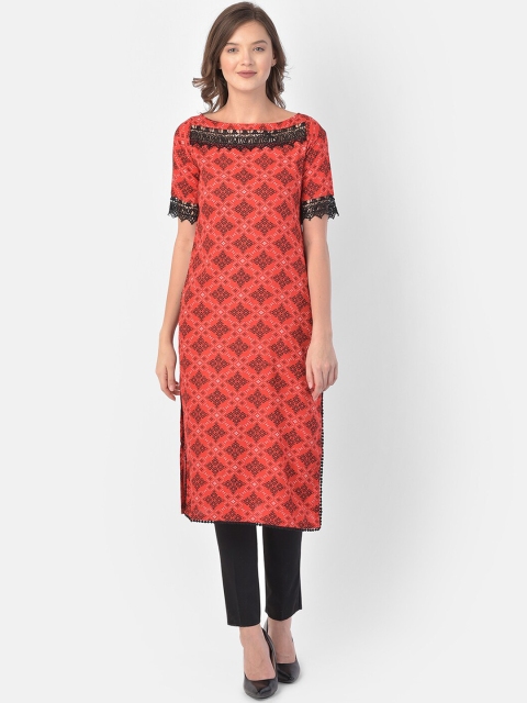 

Ojjasvi Women Red Ethnic Motifs Printed Thread Work Kurta