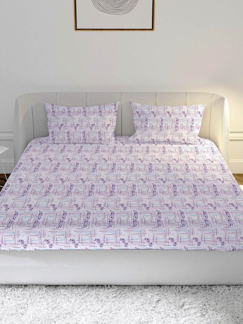 

MAYFAIR HOMES LONDON White & Purple 144 TC King Bedsheet with 2 Pillow Covers