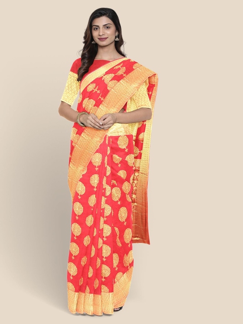 

KLM Fashion Mall Coral Red & Gold-Toned Ethnic Motifs Zari Silk Blend Banarasi Saree