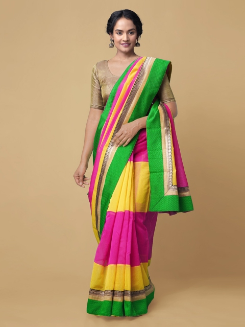 

Unnati Silks Yellow & Pink Colourblocked Silk Cotton Chanderi Saree