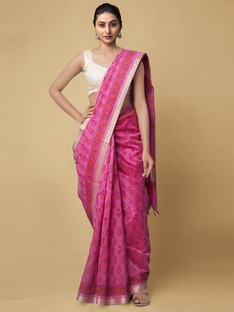 

Unnati Silks Pink Woven Design Zari Silk Cotton Handloom Chanderi Saree