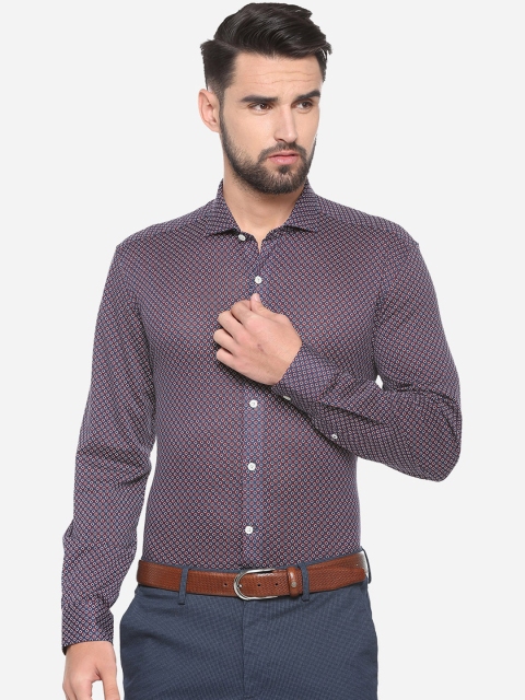 Luxure by Louis Philippe Men Blue Slim Fit Printed Cotton Formal Shirt