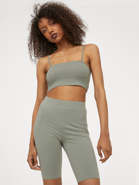 

H&M Women Green Solid Cotton Jersey Cycling Shorts