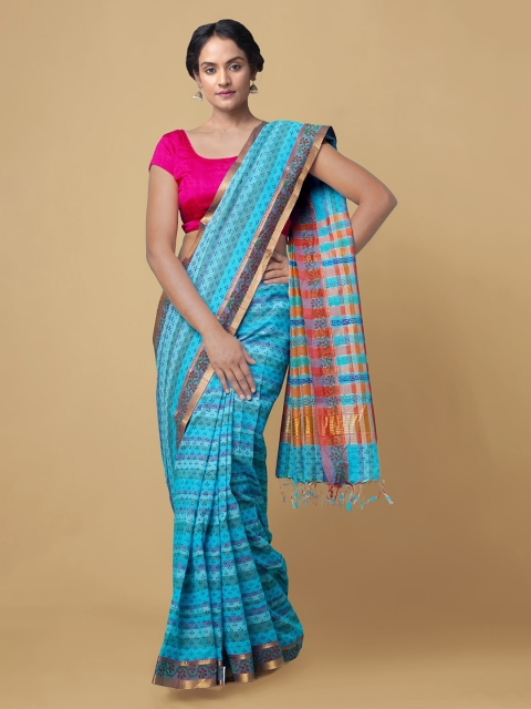 Unnati Silks Blue Checked Zari Pure Cotton Mangalagiri Saree