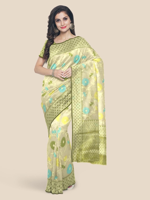 

KLM Fashion Mall Cream Floral Zari Silk Blend Banarasi Saree