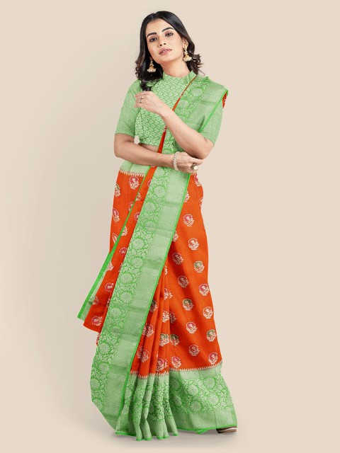 

KLM Fashion Mall Orange & Green Woven Design Zari Silk Blend Banarasi Saree