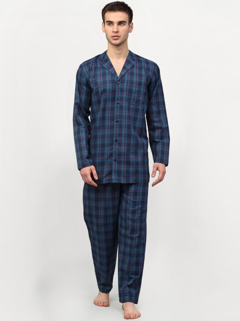 

JAINISH Men Navy Blue & Red Checked Cotton Night Suit