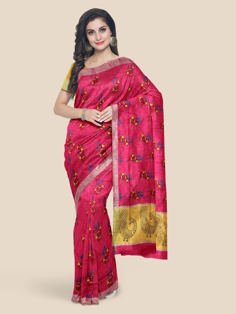 

KLM Fashion Mall Pink & Yellow Ethnic Motifs Linen Blend Saree