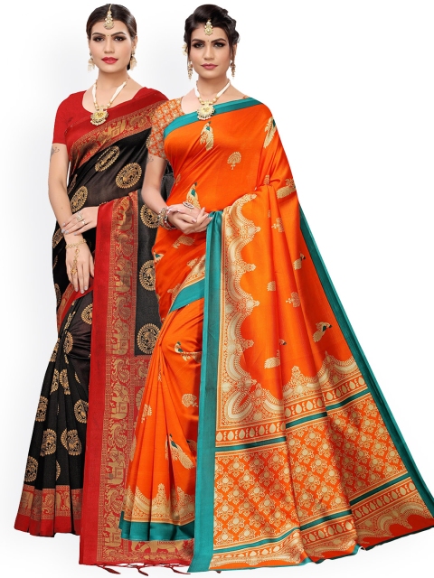 

KALINI Black & Orange Pack of 2 Ethnic Motifs Art Silk Sarees