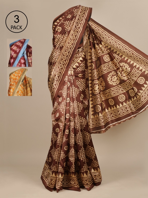 

Pothys Brown & Mustard Pack of 3 Ethnic Motifs Jute Silk Sarees