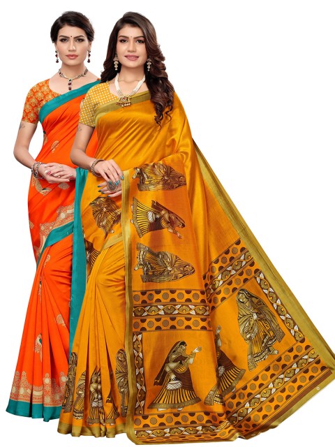 

KALINI Yellow & Orange Set of 2 Ethnic Motifs Art Silk Saree