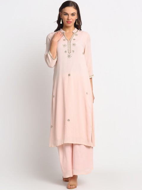

REME Women Peach-Coloured Embroidered Pure Cotton Kurta with Palazzos