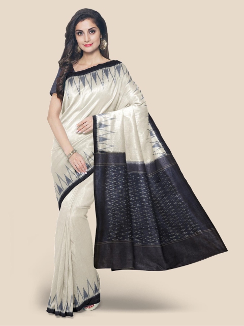 

KLM Fashion Mall Off White & Navy Blue Cotton Blend Saree