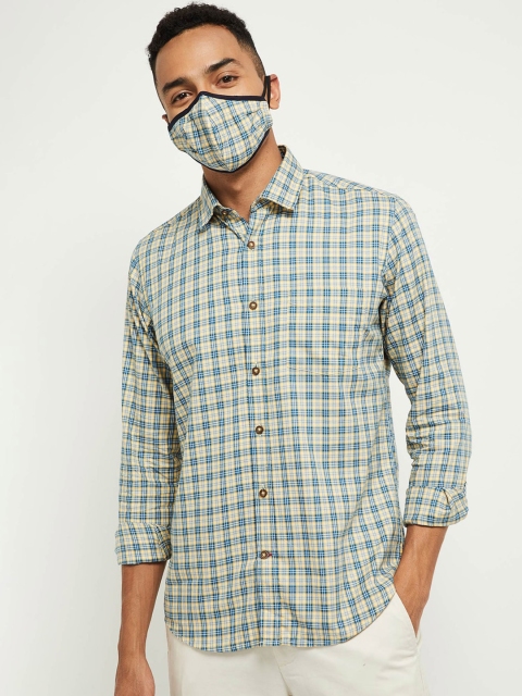 

max Men Yellow & Blue Slim Fit Checked Cotton Casual Shirt