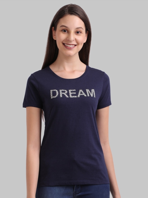 Parx Women Blue & Grey Typography Printed T-shirt