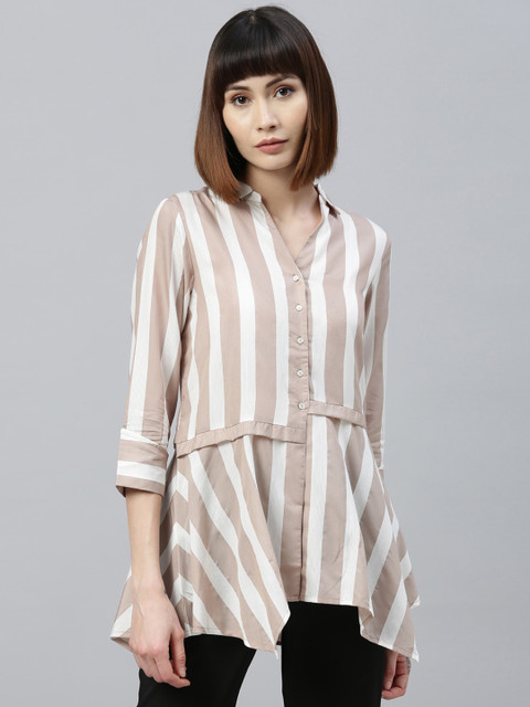 

Park Avenue Woman Beige & White Striped Shirt Style Longline Top