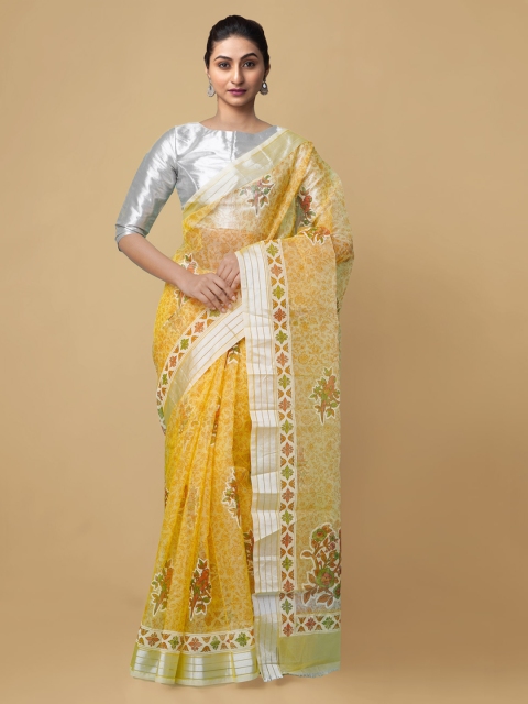 

Unnati Silks Yellow Organza Block Print Saree