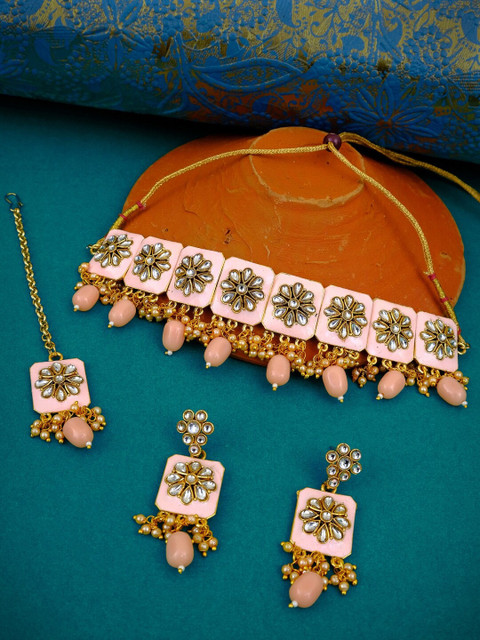 

Crunchy Fashion Gold-Plated Pink Beads & Kundan-Studded Floral Jewellery Set